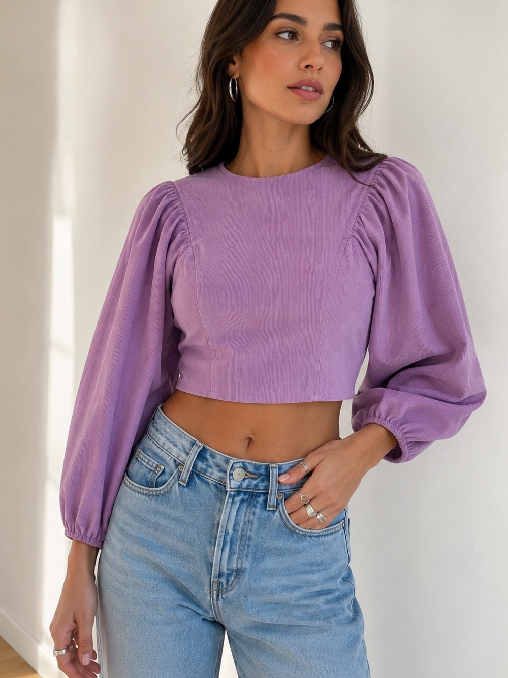 Zara Lilac Corduroy Puff Sleeve Crop Top Structured Volume Blouse L NWOT